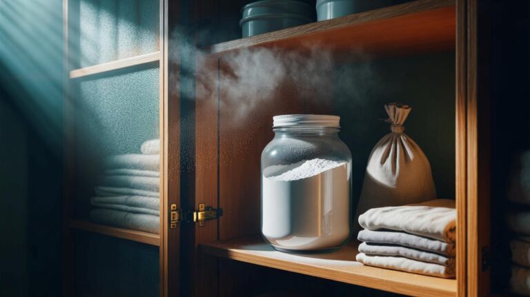Illustration de [un bocal ouvert de bicarbonate de sodium utilisé pour absorber naturellement l’humidité dans un placard]