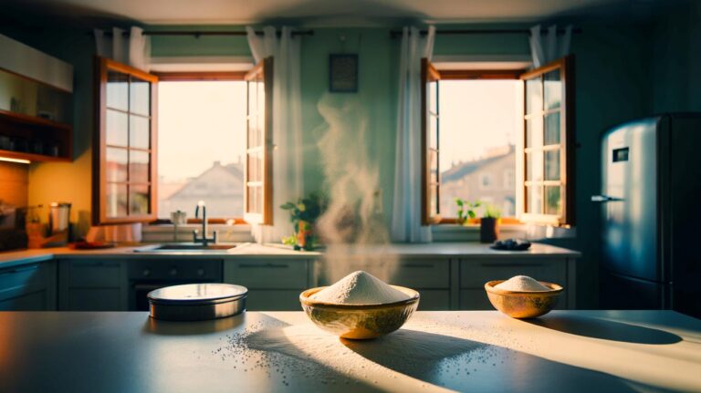 Illustration de l’astuce recommandée par les experts pour garder la maison saine et sans odeur : aération croisée de 5 à 10 minutes et coupelles de bicarbonate de soude