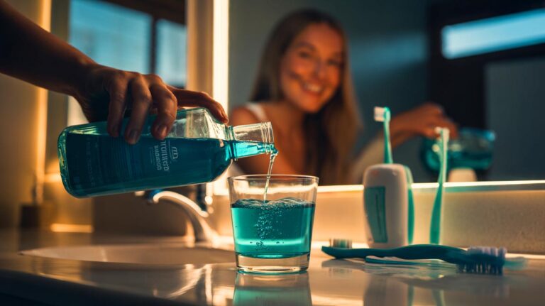 Illustration de l’usage d’un bain de bouche au fluor pour renforcer la santé bucco-dentaire