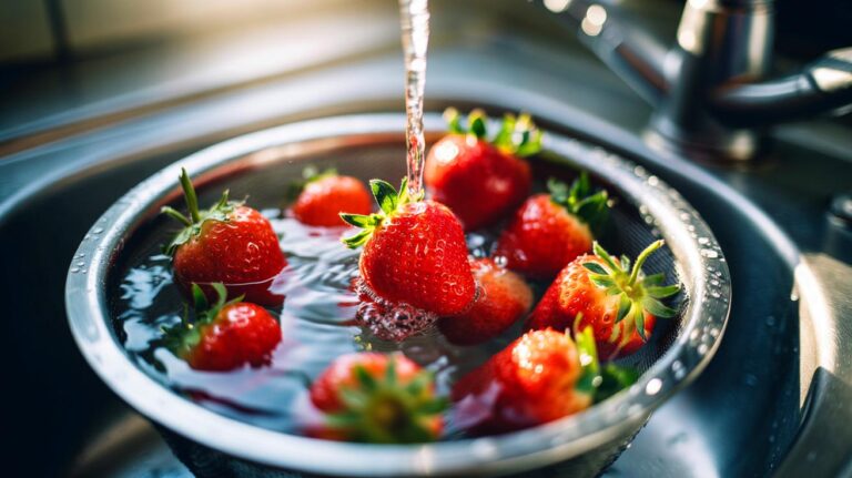 Illustration de fraises rincées brièvement sous un filet d’eau froide, pédoncule conservé, sans savon ni trempage