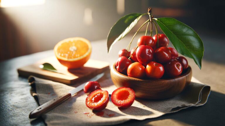Illustration de l’acérola, fruit exotique riche en vitamine C, renforçant l’immunité mieux que l’orange