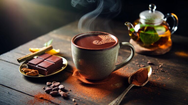 Illustration d’une tasse de cacao chaud riche en flavanols améliorant la circulation sanguine, comparée au thé vert