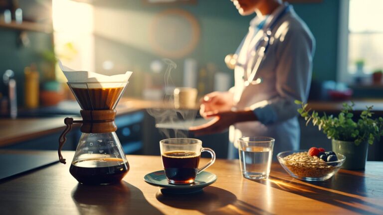Illustration de la consommation matinale d’une tasse de café filtre noir, recommandée par des médecins pour soutenir le foie et le métabolisme