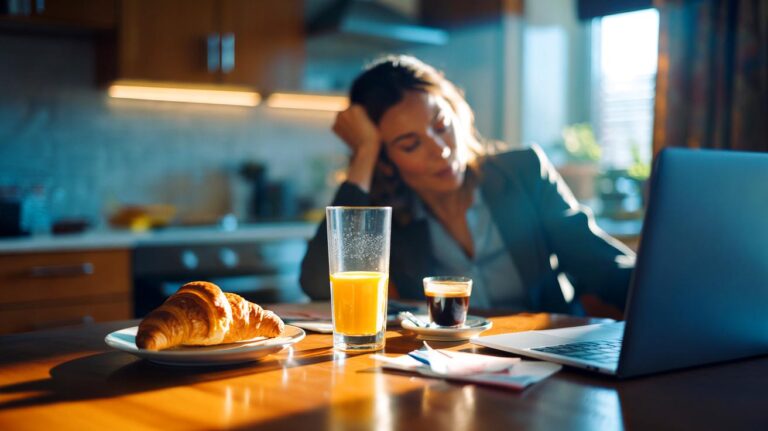 Illustration d’un petit-déjeuner sucré typique — croissant, jus d’orange et café — provoquant un pic glycémique et une chute d’énergie