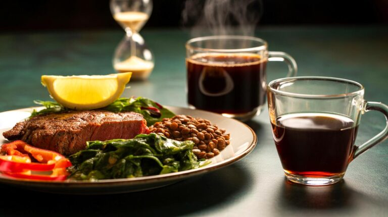 Illustration de l’association du café ou du thé avec un repas riche en fer qui bloque l’absorption du fer
