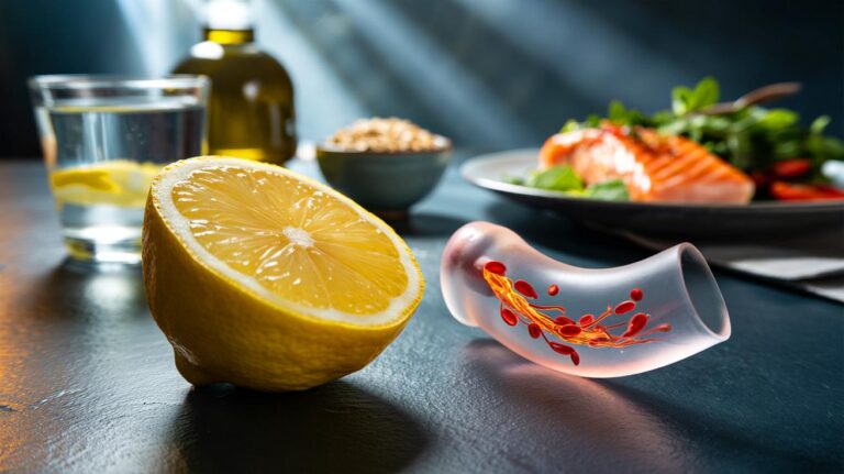 Illustration de citron jaune tranché et d’un bilan lipidique montrant une baisse du cholestérol LDL