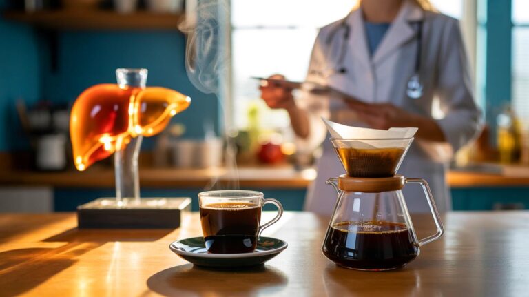 Illustration de café noir filtré consommé le matin, recommandé par des nutritionnistes pour soutenir la santé du foie