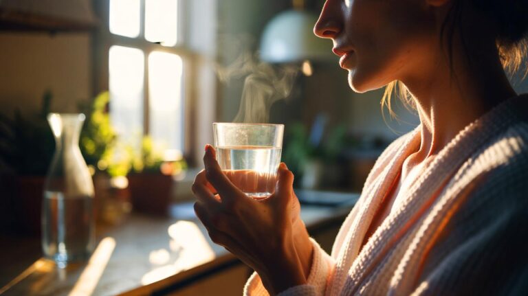 Illustration de consommation matinale d’eau tiède pour réguler le transit intestinal