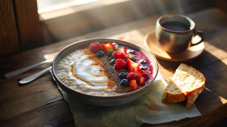 Illustration de petit-déjeuner naturel stabilisant la glycémie avec avoine, yaourt grec, graines de chia, fruits rouges et noix