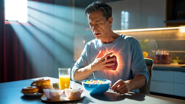 Illustration de l’habitude du petit-déjeuner très sucré et ultra-transformé qui fatigue le cœur