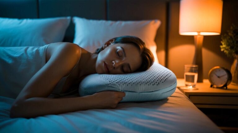 Illustration de l’oreiller ergonomique à micro-appuis et thermorégulation, optimisant l’alignement cervical pour raviver le sommeil profond