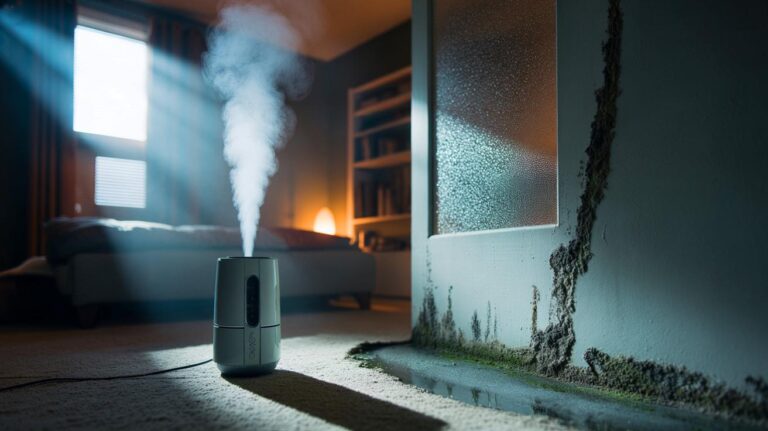 Illustration de l’utilisation inadaptée d’un humidificateur domestique favorisant la moisissure à la maison