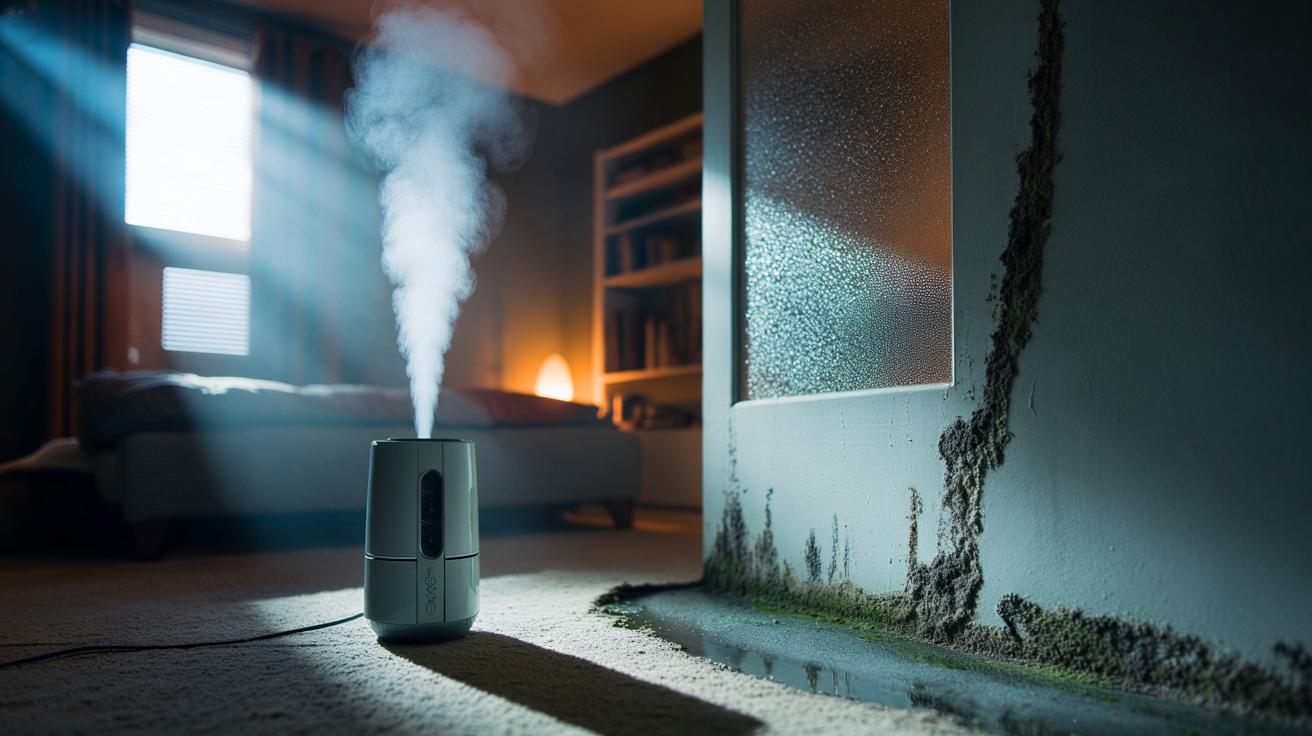Illustration de l’utilisation inadaptée d’un humidificateur domestique favorisant la moisissure à la maison