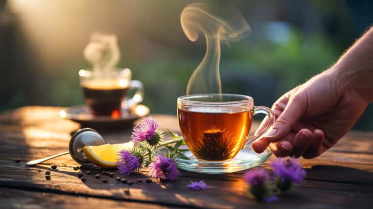Illustration de [une tasse d’infusion de chardon-marie posée sur une table, alternative naturelle au café, évoquant le soutien du foie et l’amélioration de la peau]