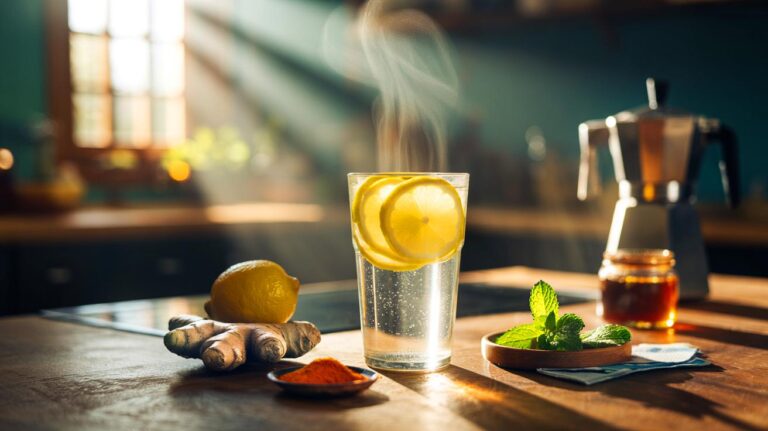 Illustration de [un verre d’eau tiède au citron et au gingembre, alternative matinale naturelle au café pour réveiller le corps et soutenir le foie]