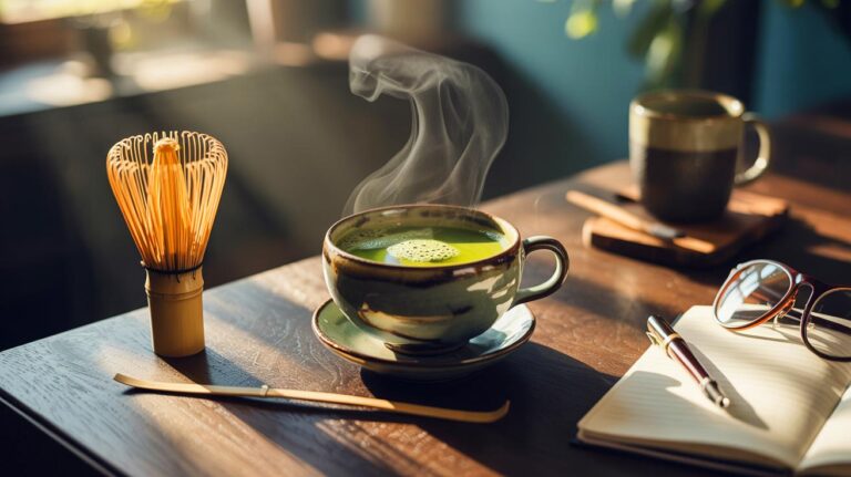 Illustration du matcha, thé vert stimulant naturellement le cerveau, alternative au café du matin