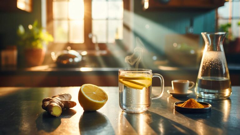 Illustration de [un verre d’eau tiède citronnée au réveil, alternative au café et au thé, destinée à soutenir le foie]