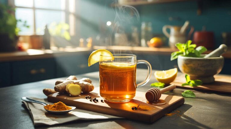 Illustration de la boisson matinale curcuma–citron–gingembre qui purifie naturellement le foie
