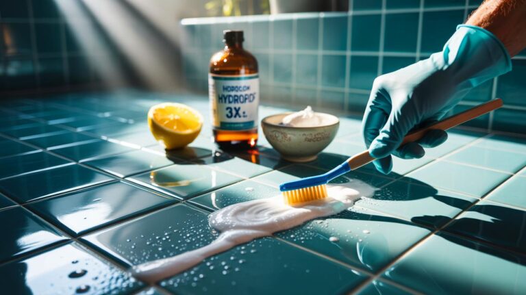 Illustration de l’astuce naturelle à base d’eau oxygénée et de bicarbonate pour nettoyer sans effort les joints de carrelage