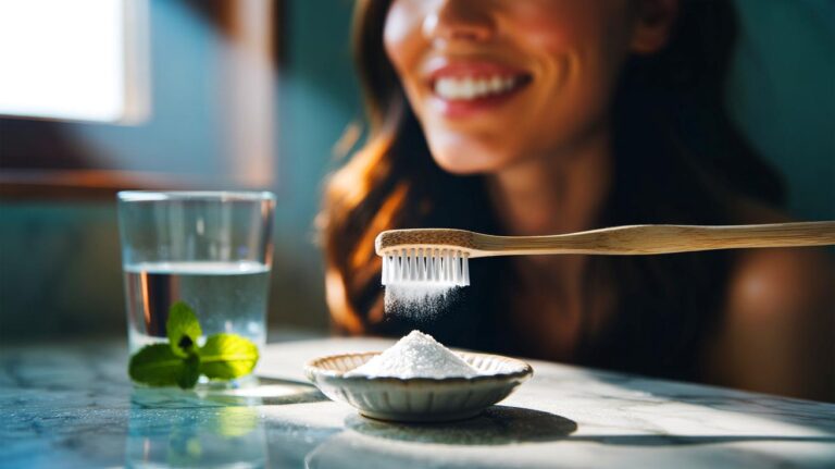 Illustration de la poudre de bicarbonate de sodium alimentaire sur une brosse à dents pour des dents éclatantes