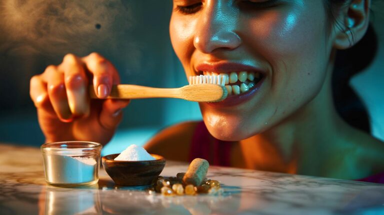 Illustration de [un remède naturel au bicarbonate de soude, à l’huile de coco et au xylitol, appliqué avec une brosse à dents pour des dents blanches éclatantes]