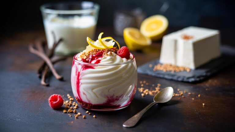 Illustration de la mousse skyr-tofu, collation légère et protéinée, alternative au yaourt grec