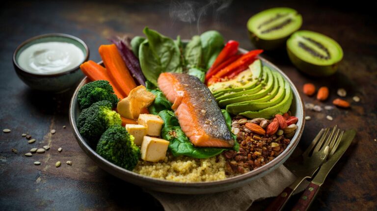 Illustration de repas complet et vitaminé réunissant quinoa, lentilles, saumon (ou tofu), épinards, brocoli, carotte, poivron rouge, avocat, amandes, graines, kiwi et yaourt, couvrant les apports essentiels en vitamines