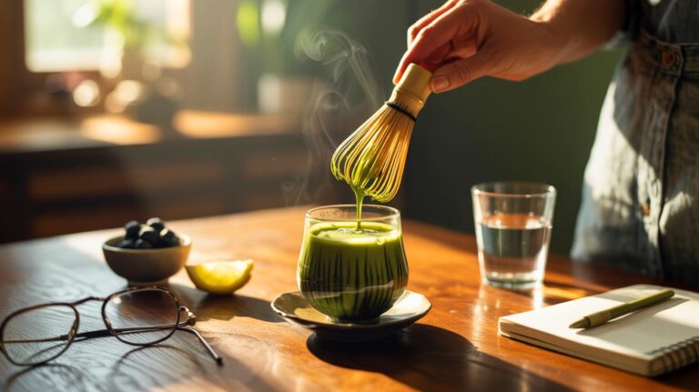 Illustration de la préparation d’un thé vert matcha fouetté au chasen, boisson naturelle qui renforce la mémoire