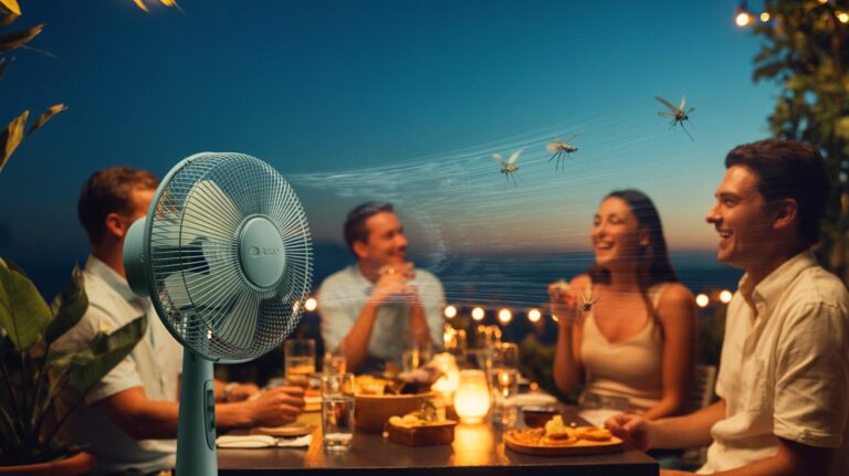 Illustration de l’utilisation d’un ventilateur créant une barrière d’air pour éloigner les moustiques lors d’un dîner en terrasse durant une soirée d’été