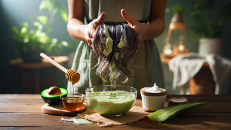 Illustration de [masque capillaire maison aux ingrédients naturels — avocat, miel, yaourt et aloe vera — appliqué sur des cheveux pour un rendu soyeux]