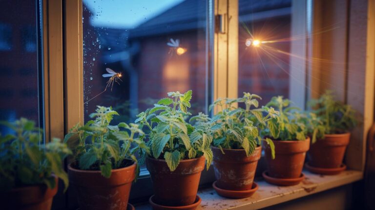 Illustration de pots de cataire (Nepeta cataria) placés sur un rebord de fenêtre, utilisés comme répulsif naturel contre les moustiques à la maison
