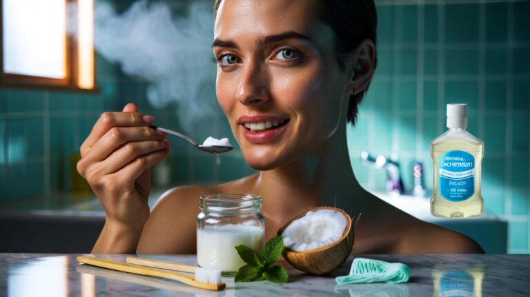 Illustration de l’huile de coco utilisée en bain de bouche pour réduire les bactéries et blanchir les dents