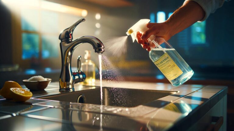 Illustration de l’application d’un mélange naturel au vinaigre blanc et à l’alcool 70° avec une microfibre sur un robinet en inox pour faire briller la surface comme neuve