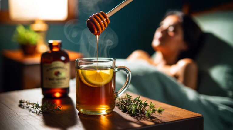 Illustration de la tisane au thym, miel et citron, alternative au sirop, qui apaise la toux en quelques minutes