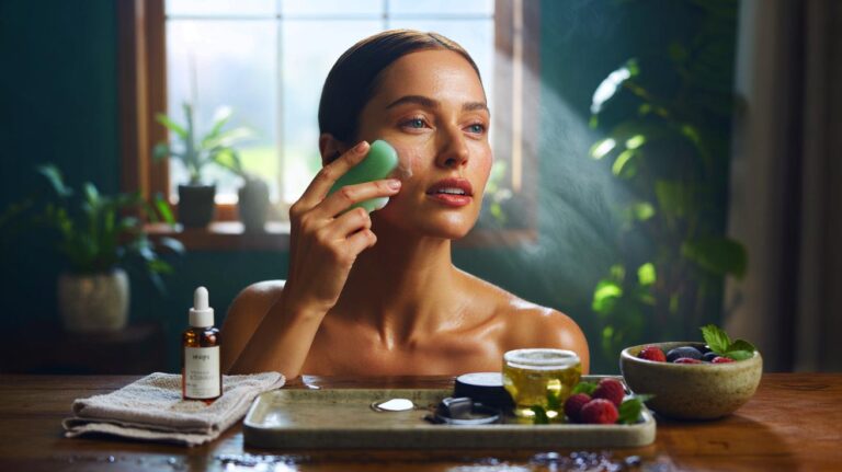 Illustration de rituel personnel de soins de la peau à domicile, plus efficace qu’une cure thermale, pour embellir la peau naturellement