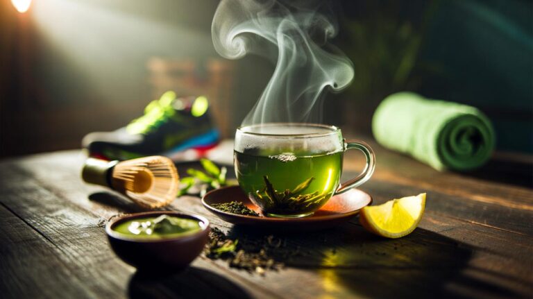Illustration de une tasse de thé vert infusé, riche en EGCG et caféine, stimulant le métabolisme