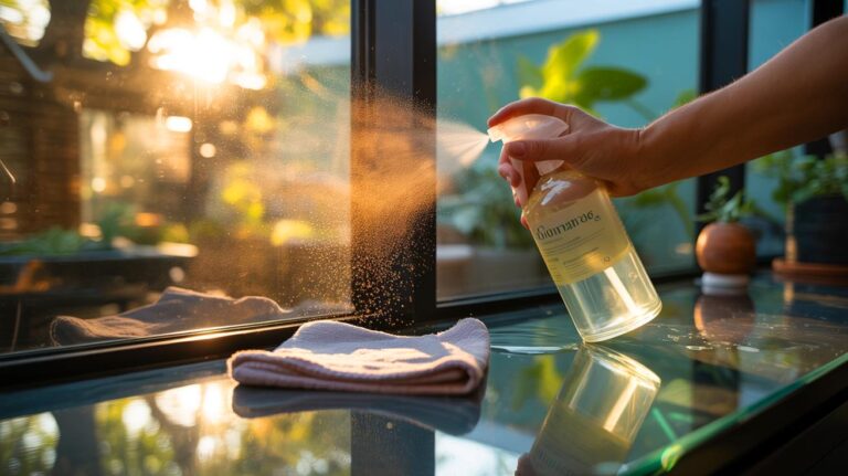 Illustration de l’utilisation d’un spray maison sans détergent ni vinaigre pour faire briller des vitres sans effort