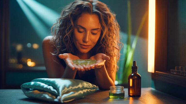 Illustration de l’astuce sans shampoing ni masque pour nourrir en profondeur des cheveux secs avec gel d’aloe vera, huile légère et bonnet en soie