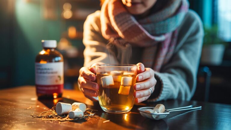 Illustration de la tisane de racine de guimauve sans sucre ni miel pour apaiser la gorge