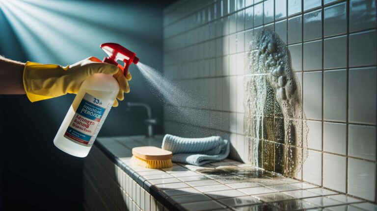 Illustration de l’application d’un mélange d’eau oxygénée 3 % et de bicarbonate de soude pour arrêter la moisissure sur un mur sans repeindre