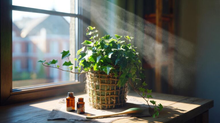 Illustration de lierre grimpant (Hedera helix) en pot, ancien remède contre la toux et plante dépolluante d’intérieur