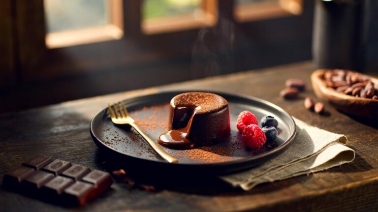 Illustration de fondant au chocolat noir riche en cacao, servi en portion raisonnable avec des fruits rouges, symbolisant ses antioxydants puissants