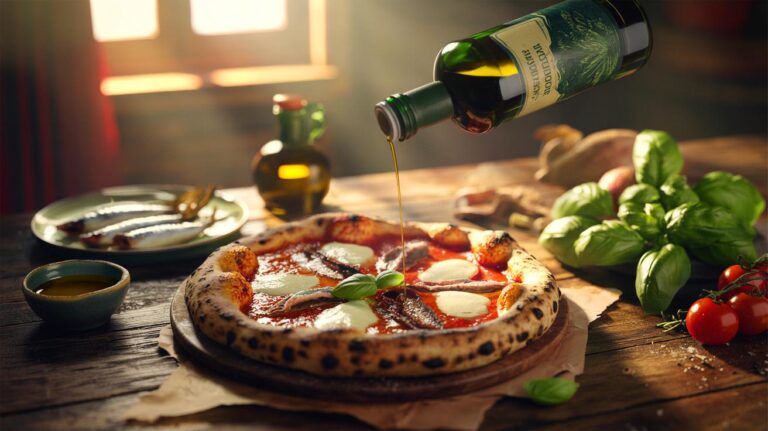 Illustration de [une pizza artisanale de style méditerranéen, garnie de tomates cuites, huile d’olive extra‑vierge, basilic et anchois, présentée comme option favorable à la santé cardiovasculaire]