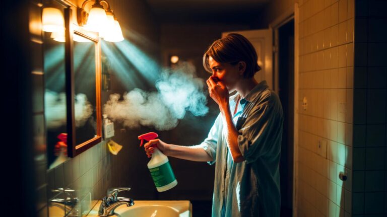 Illustration de [l’utilisation d’un spray ménager libérant des vapeurs dangereuses dans une pièce mal ventilée]