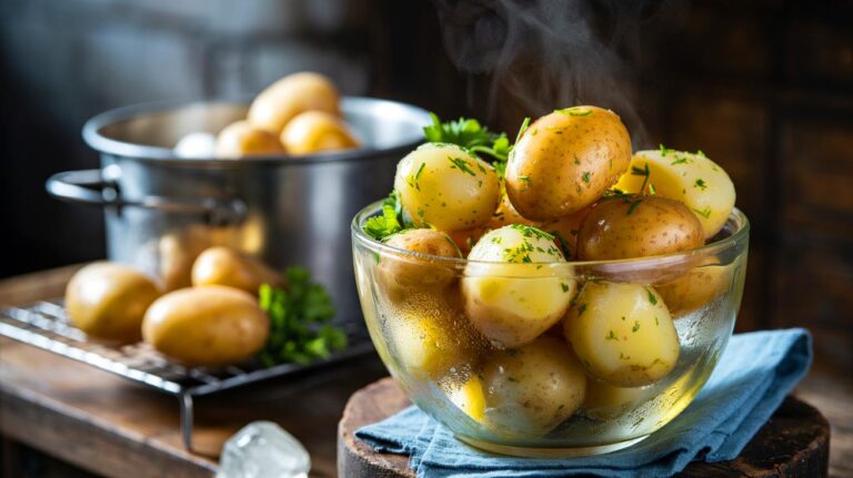 Illustration de pommes de terre cuites et refroidies en salade, riches en amidon résistant favorisant la combustion des graisses