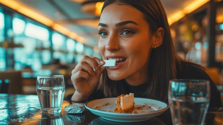 Illustration de la mastication d’un chewing-gum sans sucre après un repas pour réduire le risque de caries