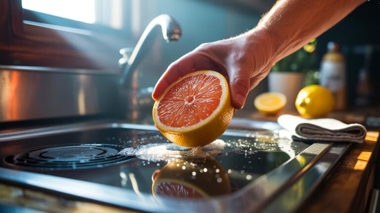 Illustration de l’utilisation d’un pamplemousse pour nettoyer et dégraisser une plaque de cuisson en inox