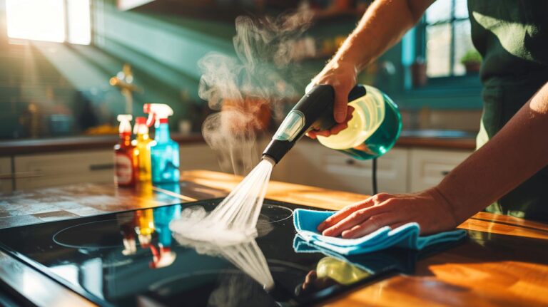 Illustration de l’utilisation d’un nettoyeur vapeur et d’un chiffon en microfibre remplaçant les produits de nettoyage chimiques