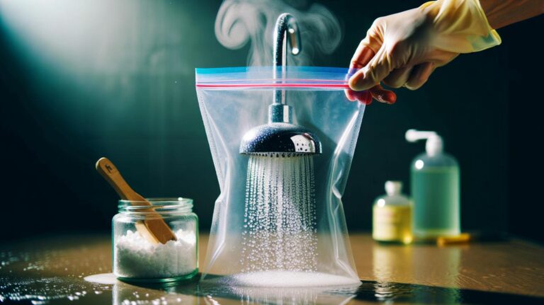 Illustration de l’utilisation d’acide citrique chaud pour détartrer un pommeau de douche, alternative au vinaigre