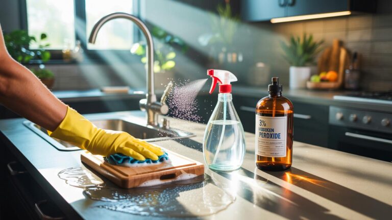 Illustration de [un lavage naturel des surfaces avec savon, vinaigre blanc et peroxyde d’hydrogène 3 %, plus efficace que l’eau chaude seule pour éliminer les bactéries]